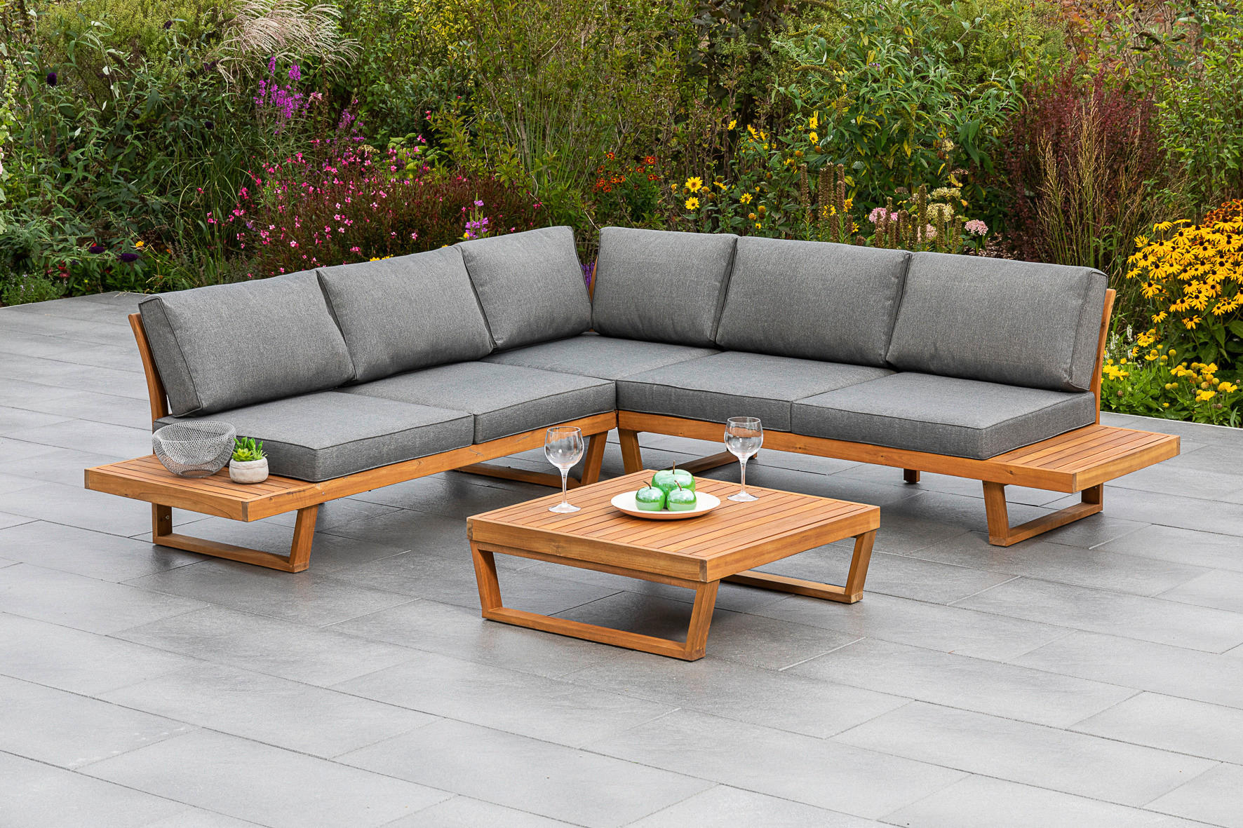 LOUNGEGARNITUR 241/245 cm Akazie massiv  - Naturfarben/Grau, MODERN, Holz/Textil (241/245cm) - Gardenson