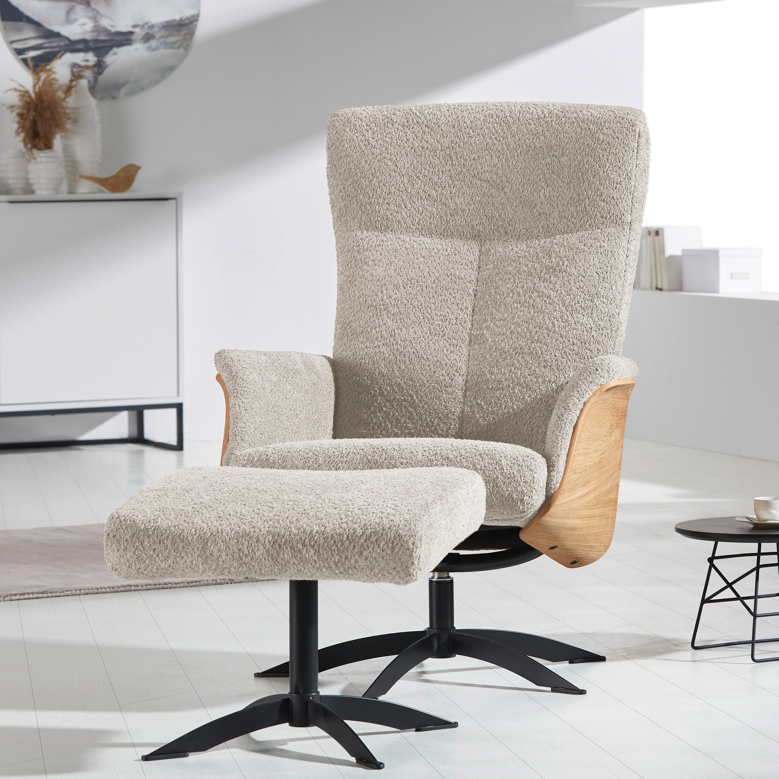 RELAXSESSEL Teddystoff Relaxfunktion    - Beige/Schwarz, Design, Holz/Textil (71/104/77cm) - Welnova