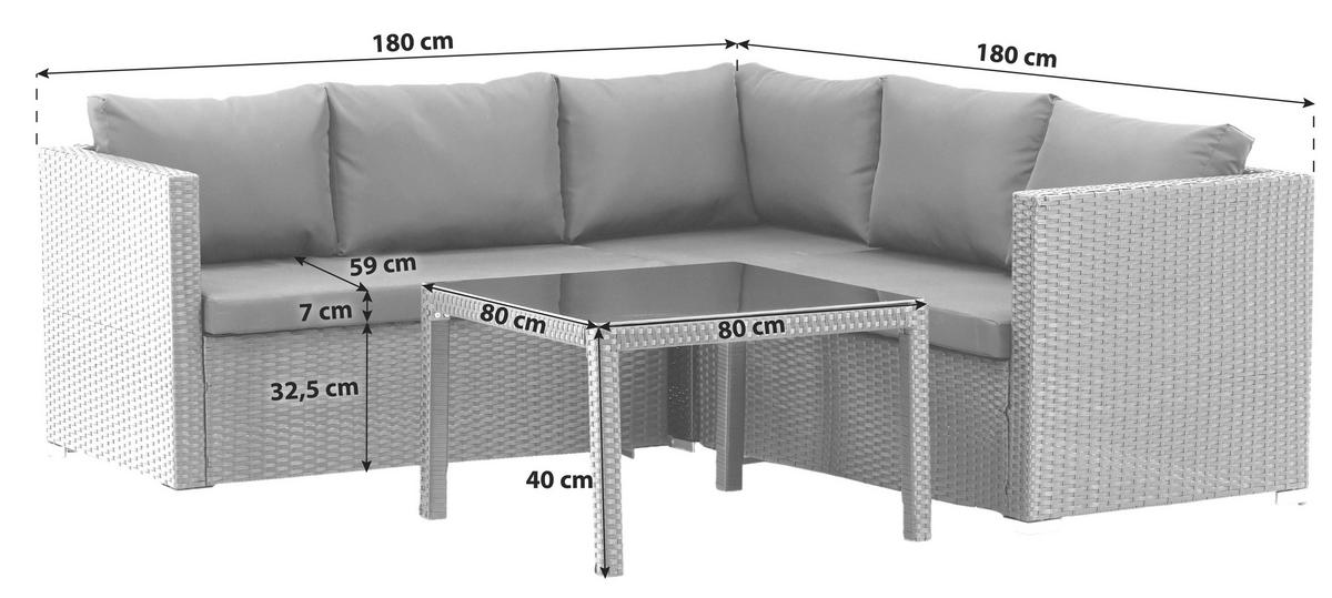 LOUNGEGARNITUR Stahl  - Schwarz/Weiß, KONVENTIONELL, Glas/Kunststoff (59/180/64cm) - Gardenson