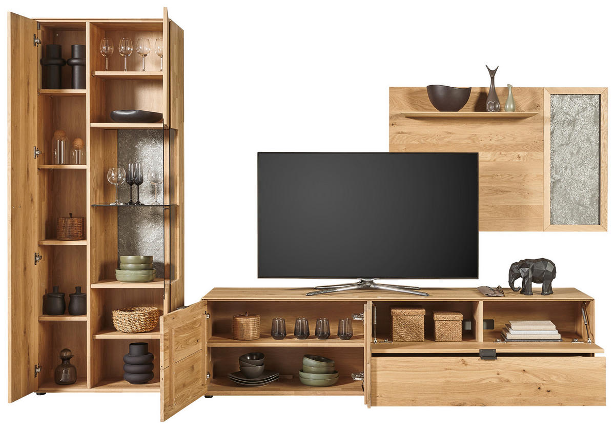WOHNWAND  in Wildeiche  322,4/205,5/45,2 cm    - Wildeiche/Schwarz, Natur, Glas/Holz (322,4/205,5/45,2cm) - Valnatura