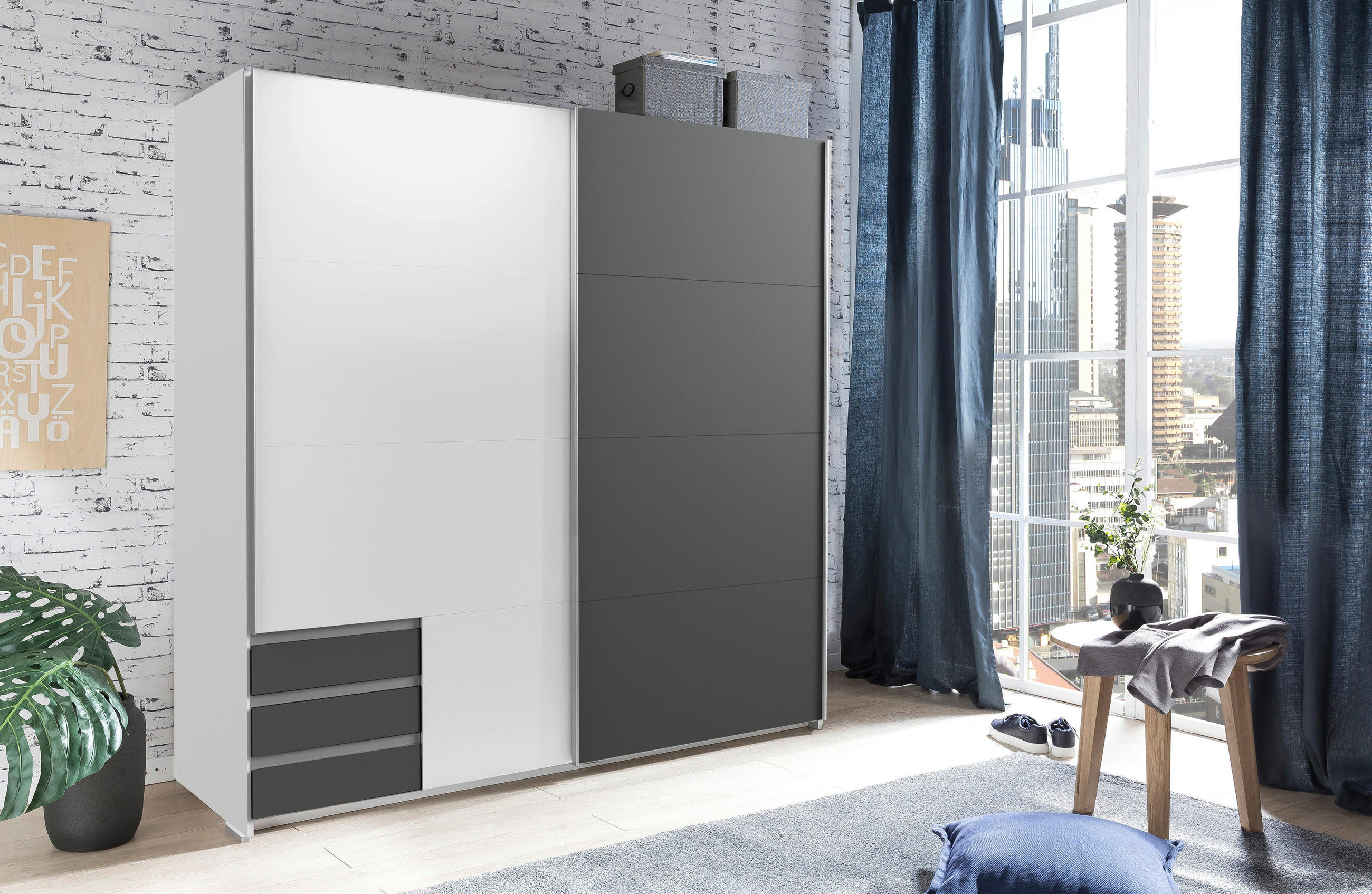 SCHWEBETÜRENSCHRANK 179/198/64 cm 2-türig Graphitfarben, Weiß  - Graphitfarben/Alufarben, Design, Holzwerkstoff/Metall (179/198/64cm) - Boxxx
