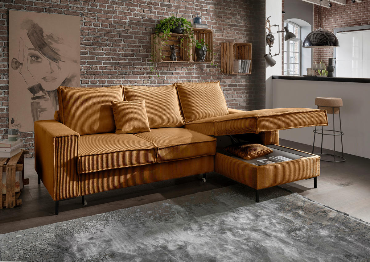 ECKSOFA Goldfarben Cord  - Goldfarben/Schwarz, MODERN, Textil/Metall (240/150cm) - Livetastic