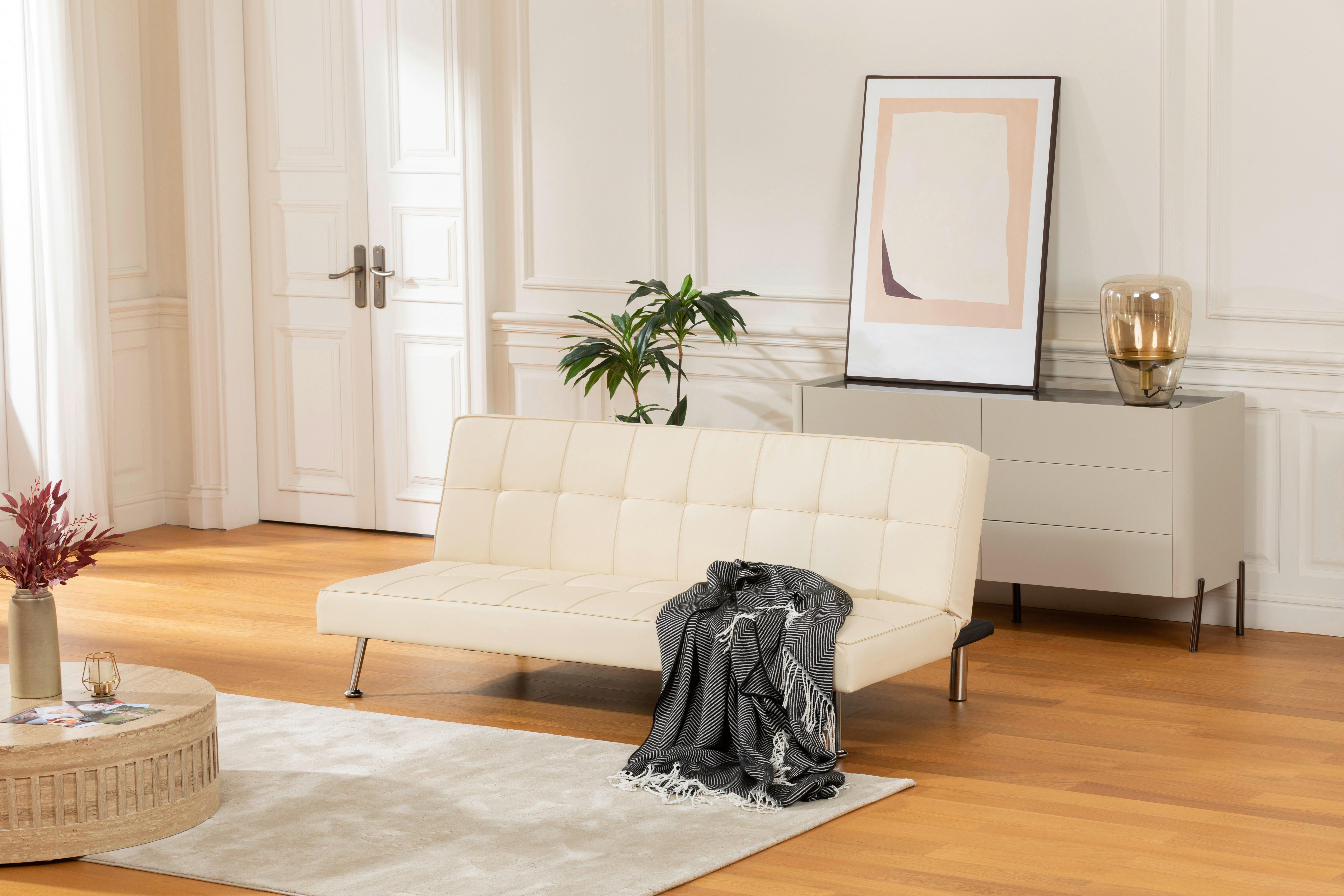 SCHLAFSOFA Lederlook Creme  - Silberfarben/Creme, Basics, Textil/Metall (179/74/91cm) - P & B
