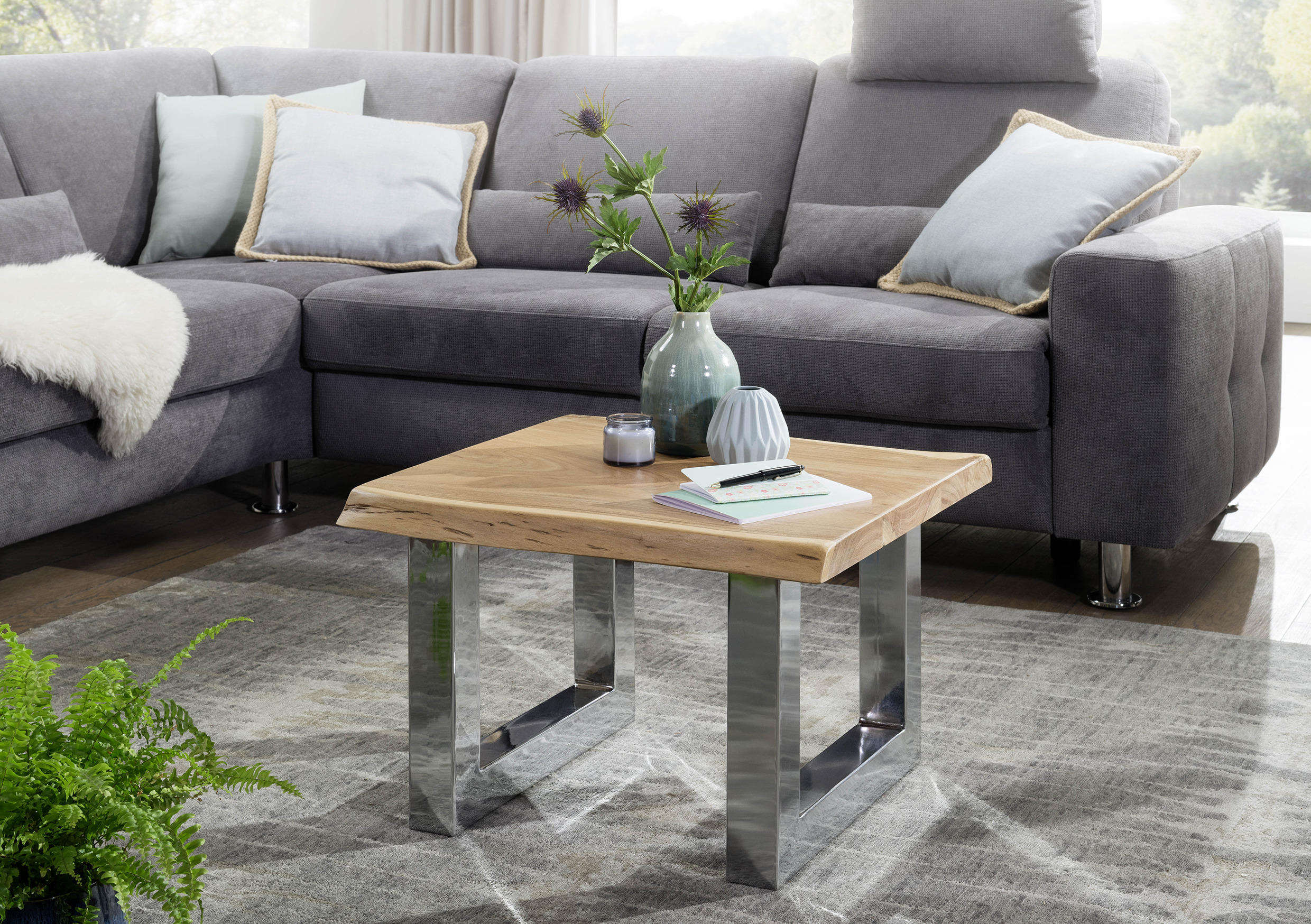 COUCHTISCH Akazie massiv 58/60/40 cm quadratisch Akaziefarben  - Chromfarben/Akaziefarben, Design, Holz/Metall (58/60/40cm) - MID.YOU