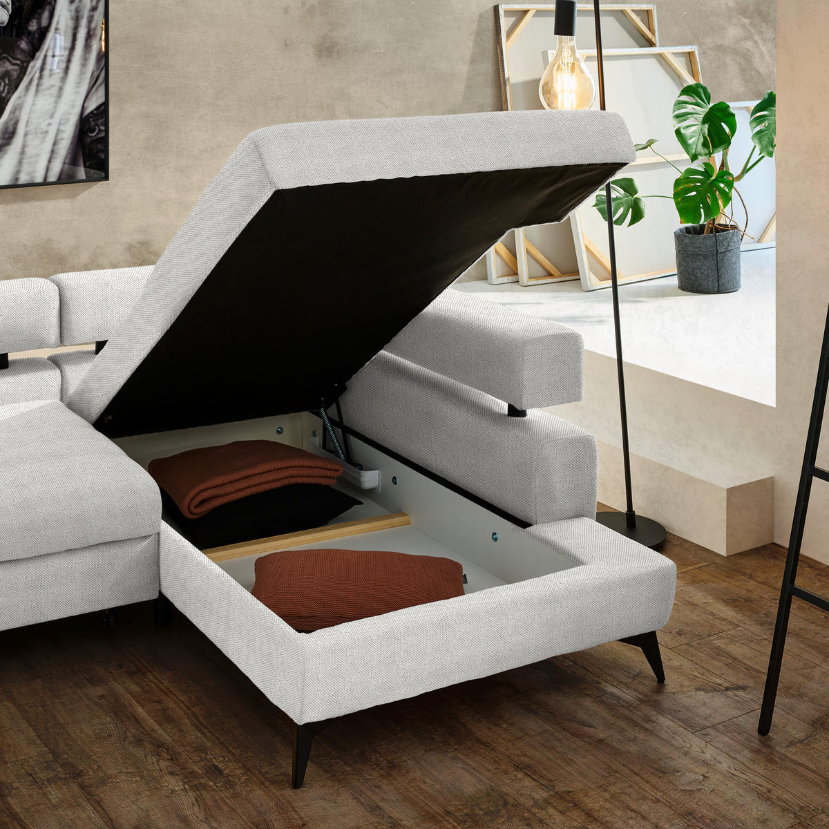ECKSOFA in Chenille Creme  - Creme/Schwarz, Konventionell, Textil/Metall (265/184cm) - Hom`in