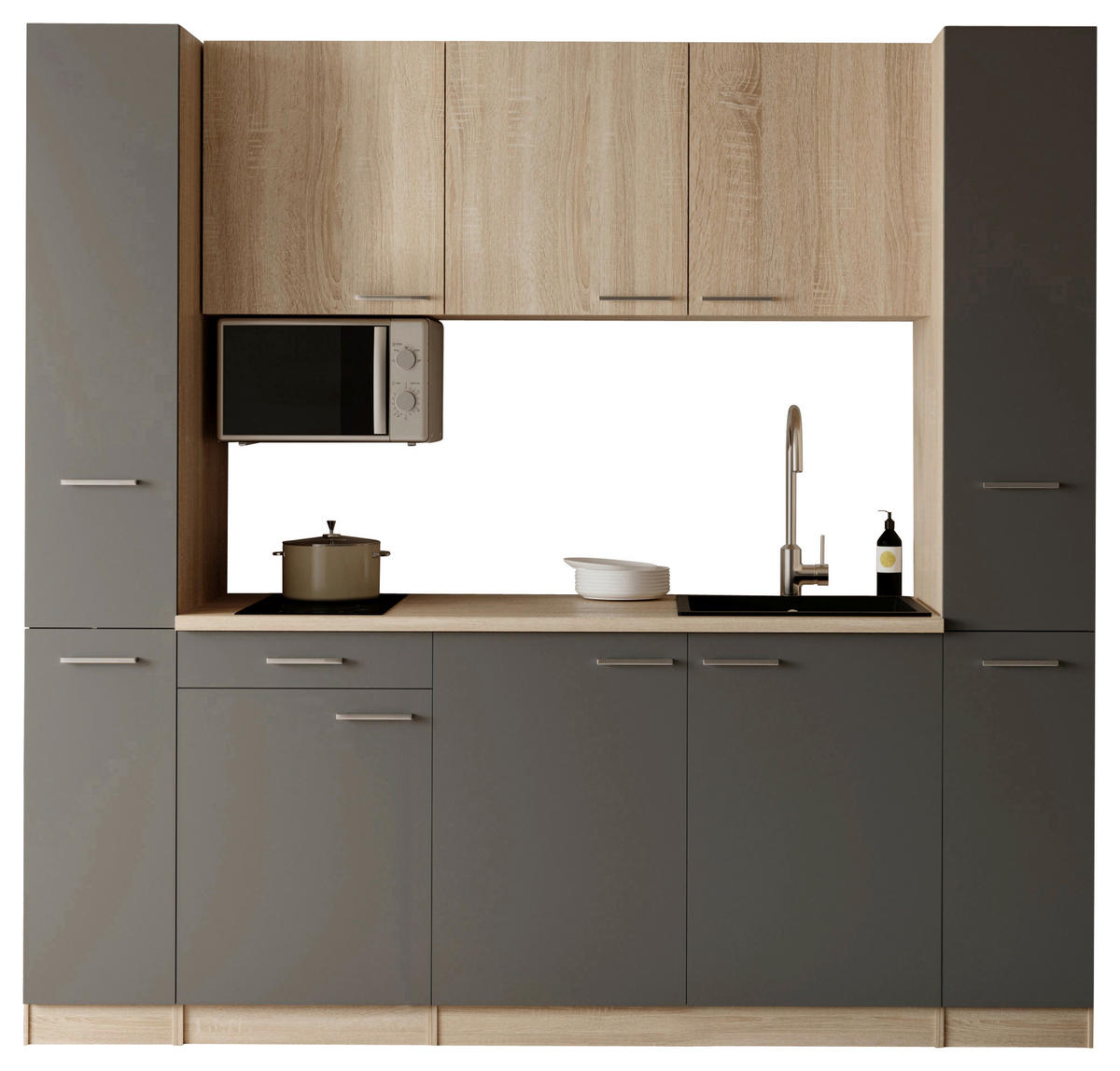 KÜCHENBLOCK Ingrid 210 cm  in Grau  - Eichefarben/Alufarben, Design, Holzwerkstoff/Kunststoff (210cm) - Respekta