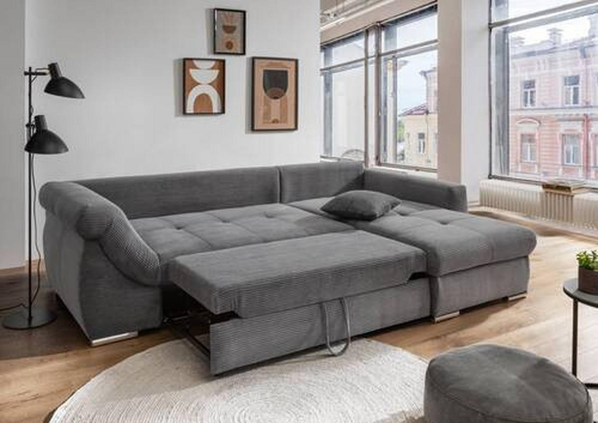 ECKSOFA Grau Cord  - Chromfarben/Grau, MODERN, Holz/Textil (302/188cm) - MID.YOU
