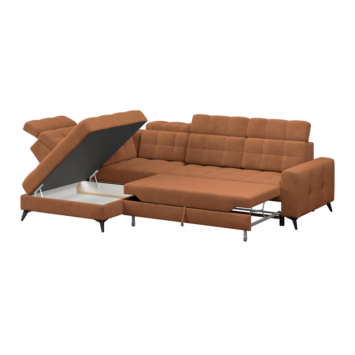 ECKSOFA BARLETTA NEW Terracotta Velours Bettkasten, Kopfteilverstellung, Sitztiefenverstellung, Liegefläche im Originalstoff  - Terracotta/Schwarz, ROMANTIK / LANDHAUS, Textil/Metall (228/289cm) - MID.YOU