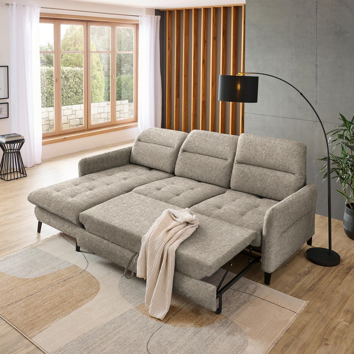 ECKSOFA Greige Chenille  - Greige/Schwarz, KONVENTIONELL, Textil/Metall (190/254cm) - Livetastic
