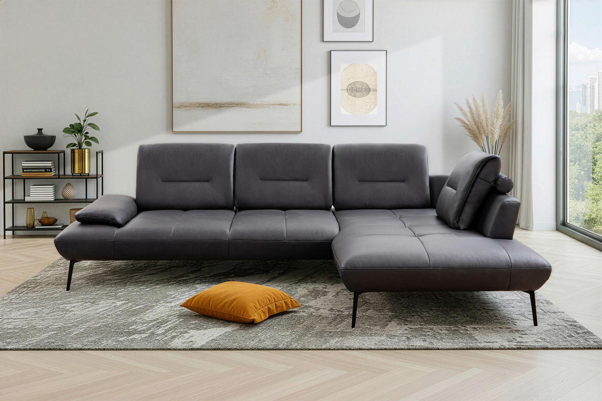 ECKSOFA Anthrazit Echtleder Rücken echt, Sitztiefenverstellung  - Anthrazit/Schwarz, Design, Leder/Metall (320/190cm) - Moderano