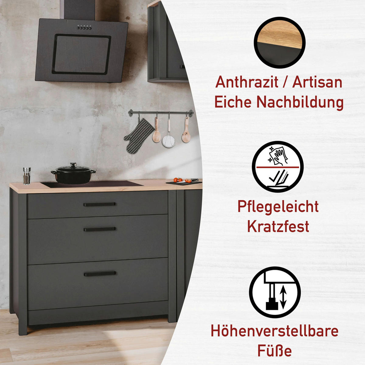KÜCHENLEERBLOCK   in Anthrazit, Eiche Artisan  - Anthrazit/Schwarz, MODERN, Glas/Holzwerkstoff (370/167/60cm) - home24