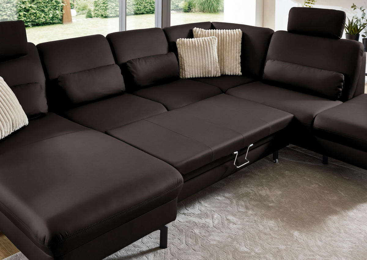 WOHNLANDSCHAFT Echtleder Schwarzbraun  - Schwarzbraun/Schwarz, Konventionell, Leder/Metall (168/306/224cm) - Beldomo Premium