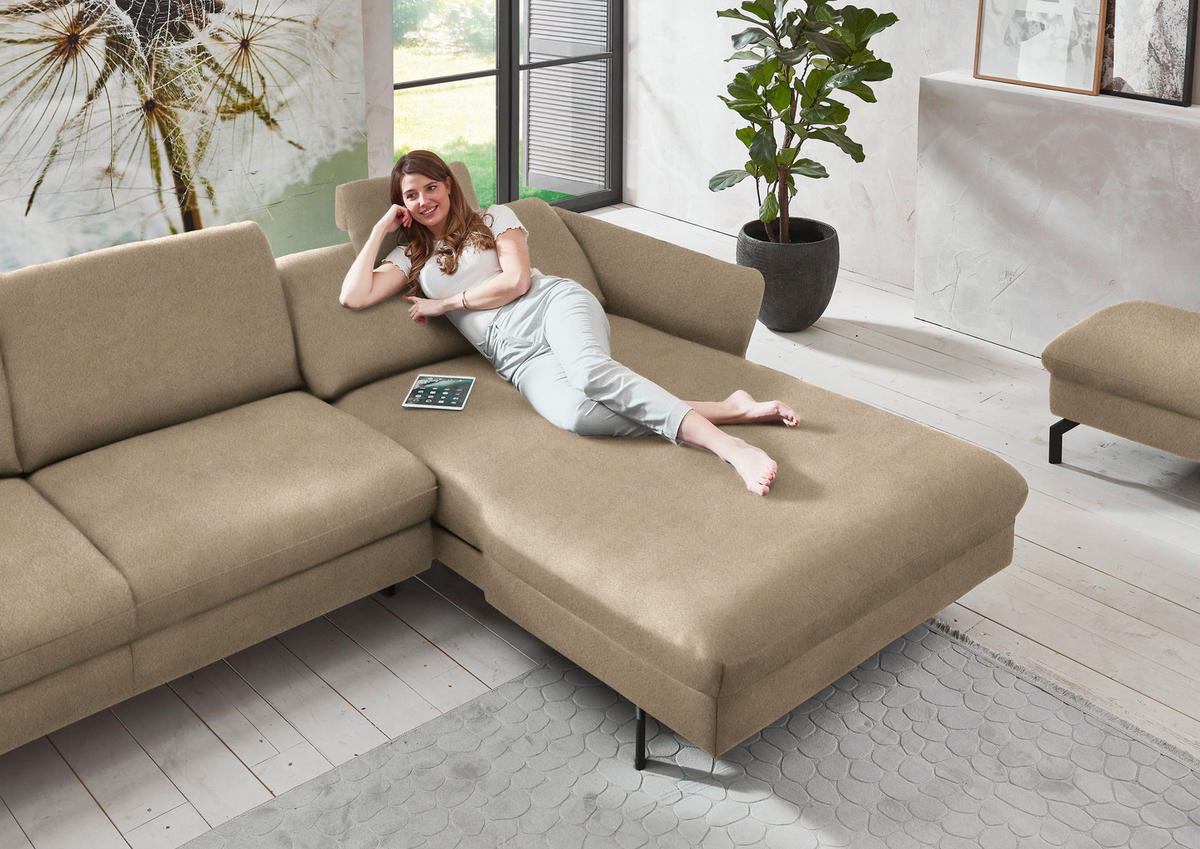 ECKSOFA in Velours Hellbraun  - Hellbraun/Schwarz, Design, Textil/Metall (306/179cm) - Beldomo System