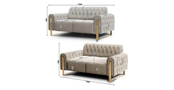 2-SITZER-SOFA Velours Beige  - Beige/Goldfarben, KONVENTIONELL, Textil/Metall (194/90/97cm) - Carryhome