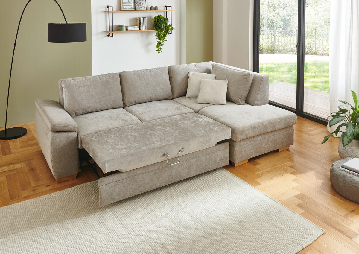 ECKSCHLAFSOFA  in Chenille Hellbraun  - Hellbraun/Eiche Bianco, KONVENTIONELL, Holz/Textil (253/170cm) - Beldomo Style