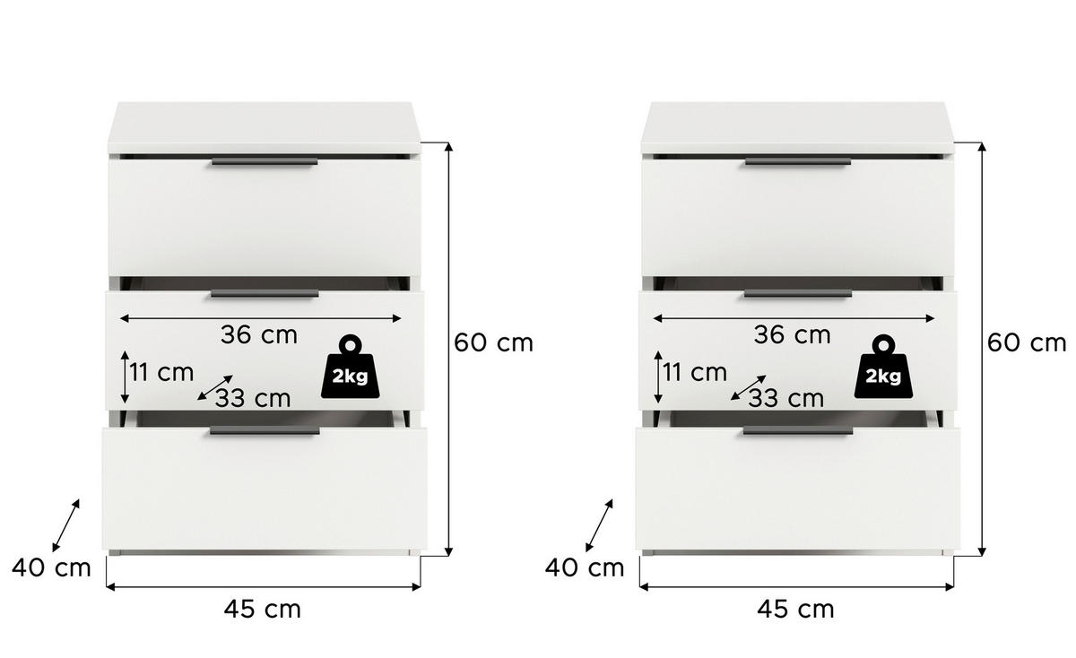 NACHTSCHRANKSET 45/60/40 cm  - Schwarz/Weiß, MODERN, Holzwerkstoff/Kunststoff (45/60/40cm) - MID.YOU