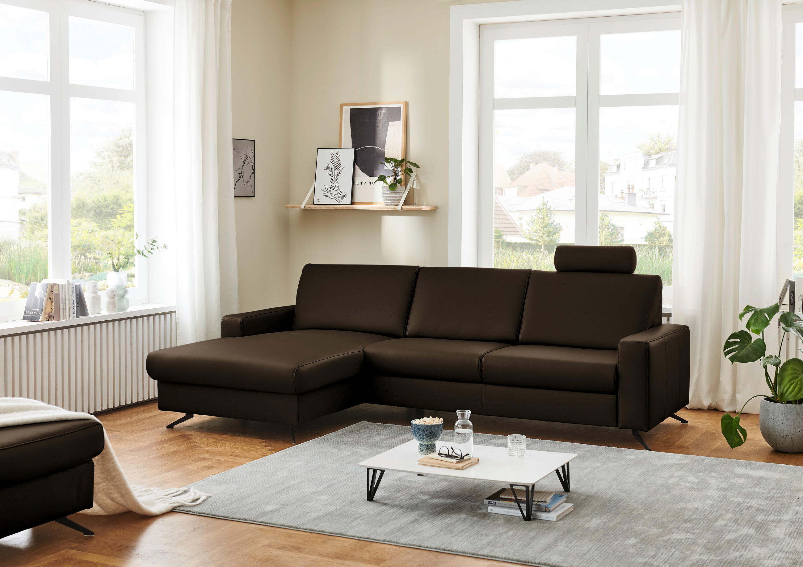 ECKSOFA in Echtleder Braun  165/267 cm  - Schwarz/Braun, Design, Leder/Metall (165/267cm) - Lomoco