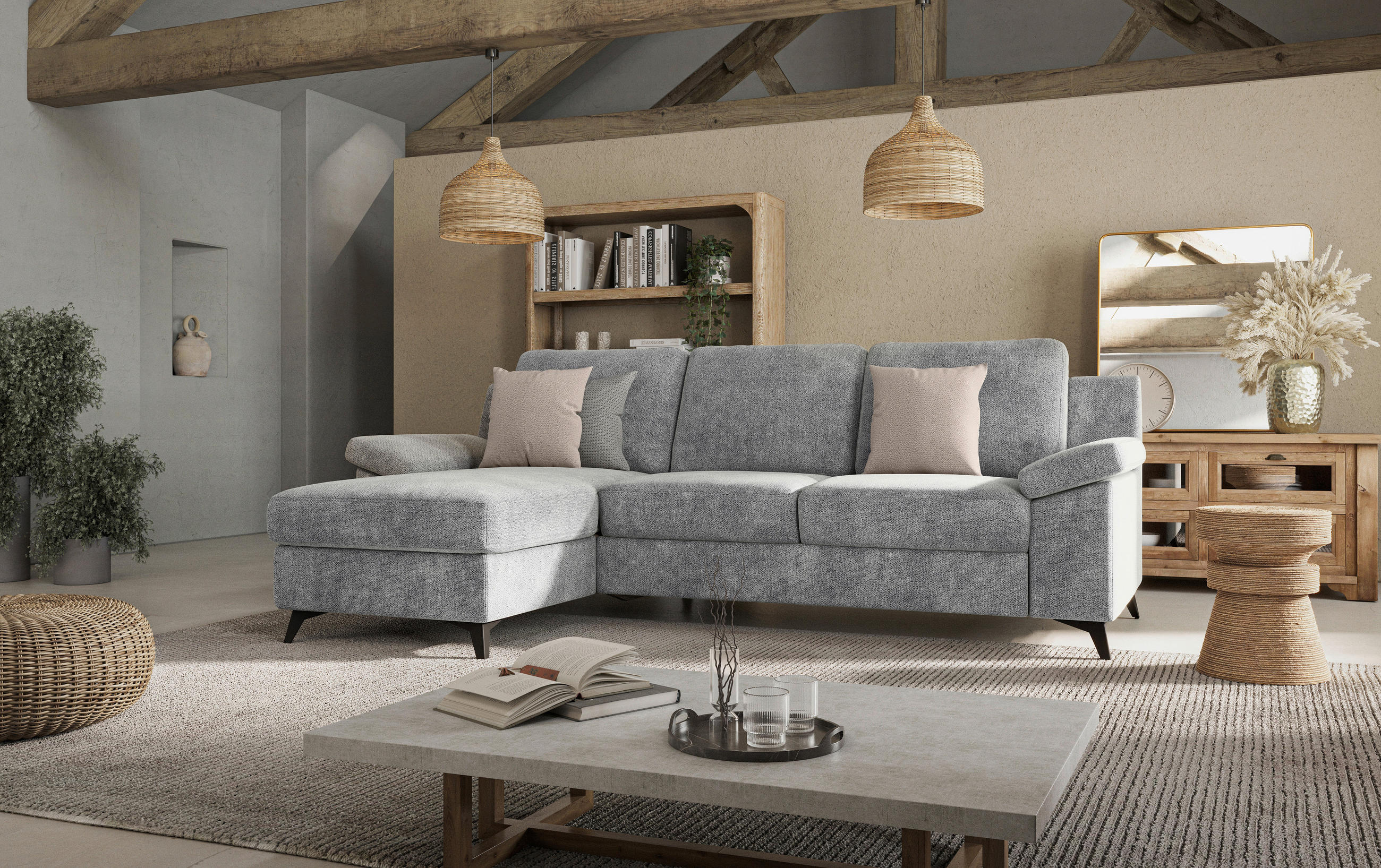 ECKSOFA in Chenille Grau  - Schwarz/Grau, KONVENTIONELL, Textil/Metall (156/245cm) - Cotta