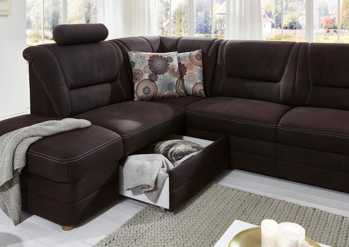 WOHNLANDSCHAFT in Mikrofaser Dunkelbraun  - Eiche Bianco/Dunkelbraun, Konventionell, Holz/Textil (218/327/162cm) - Carryhome