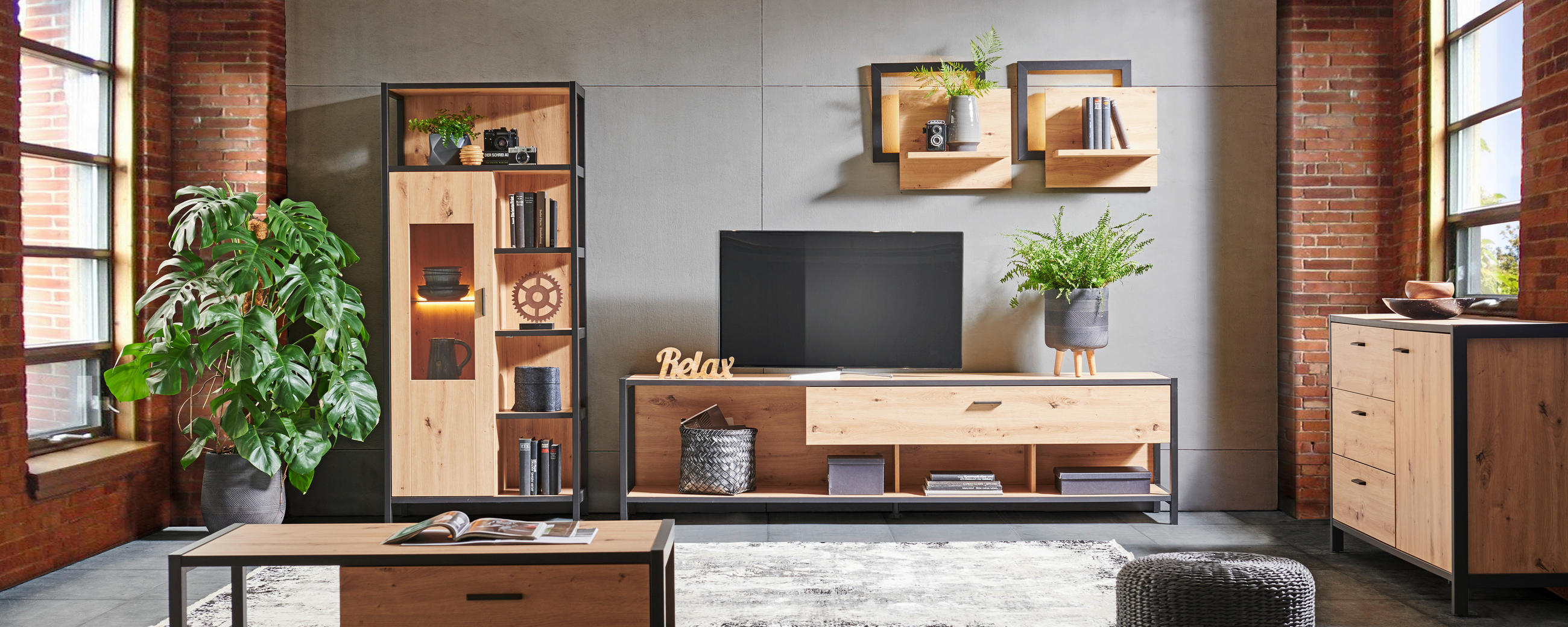 TV-ELEMENT 215/57/46 cm - Eichefarben/Anthrazit, Design, Holzwerkstoff/Metall (215/57/46cm) - Carryhome
