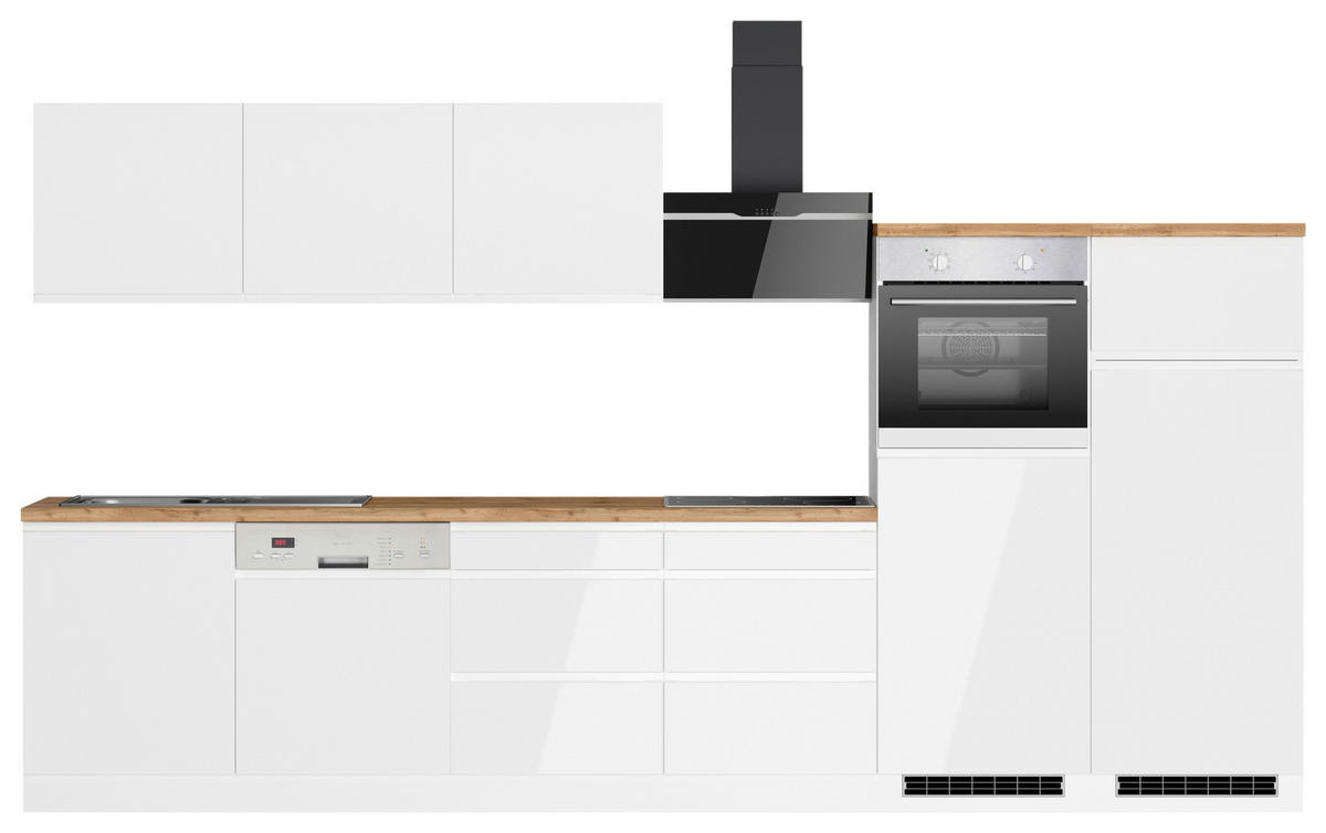 KÜCHENBLOCK 360 cm   in Weiss, Eiche Wotan, Weiss Hochglanz  - Weiss Hochglanz/Weiss, Lifestyle, Holzwerkstoff (360cm) - Held