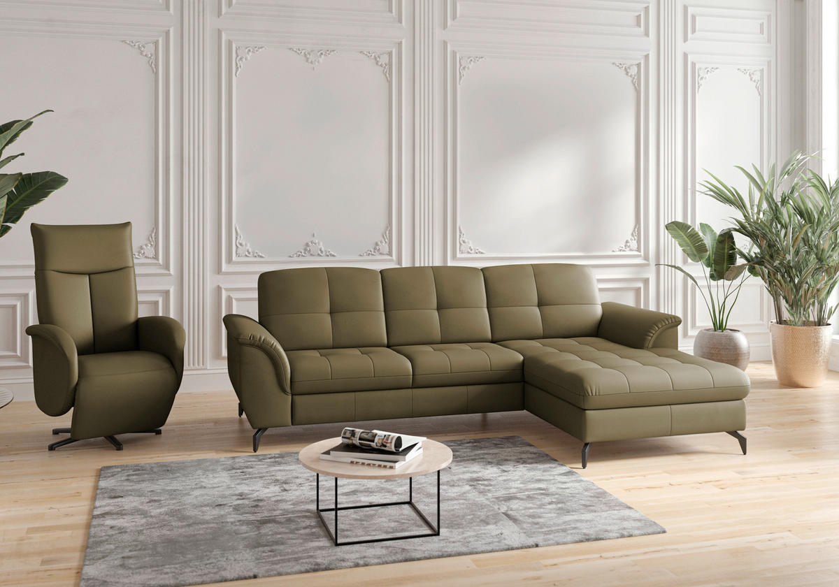 ECKSOFA ZORA E Olivgrün Echtleder  - Schwarz/Olivgrün, MODERN, Leder/Metall (262/164cm) - Sit & More
