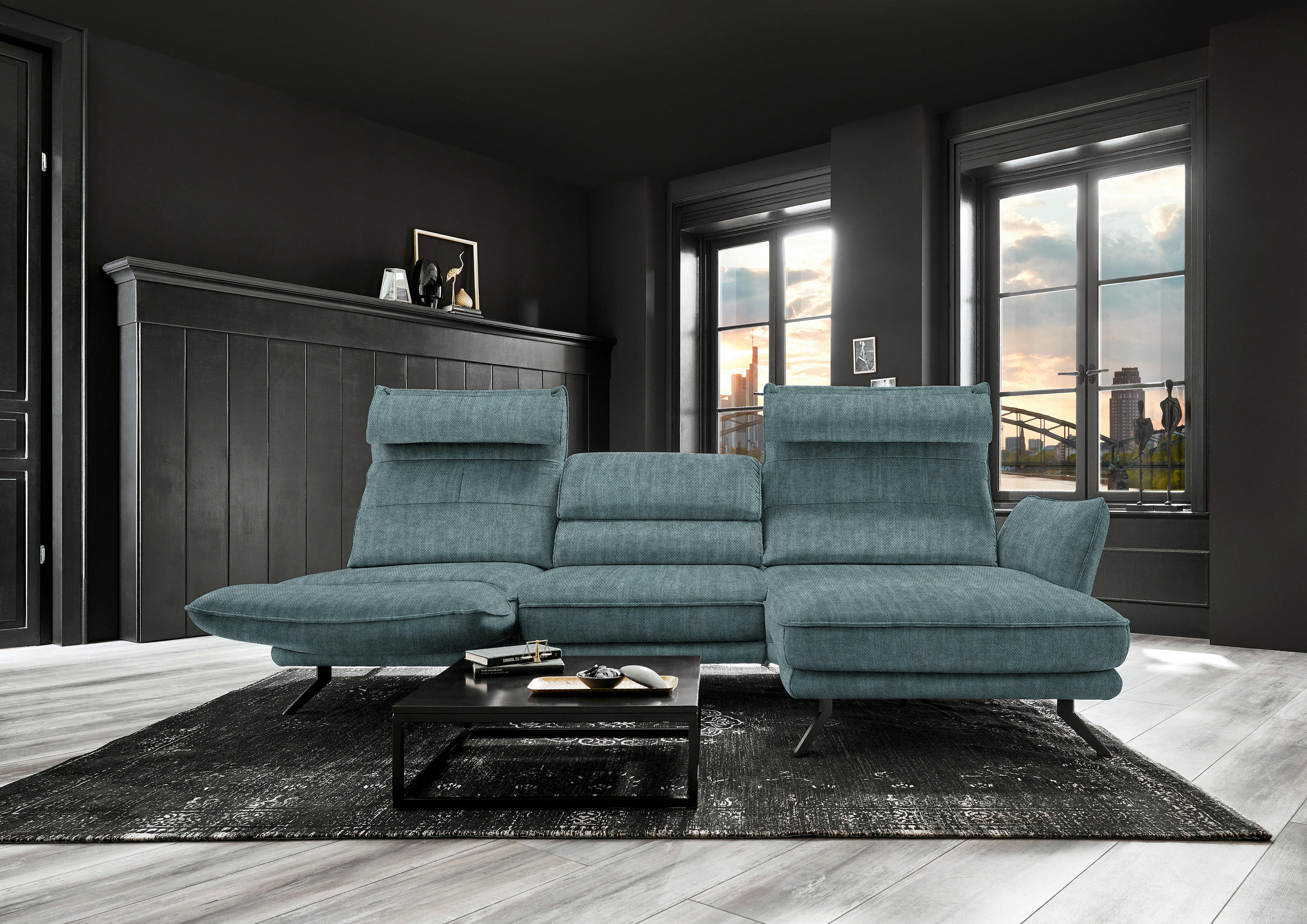 ECKSOFA in Velours Opal  - Opal/Schwarz, Design, Textil/Metall (283/153cm) - Valdera