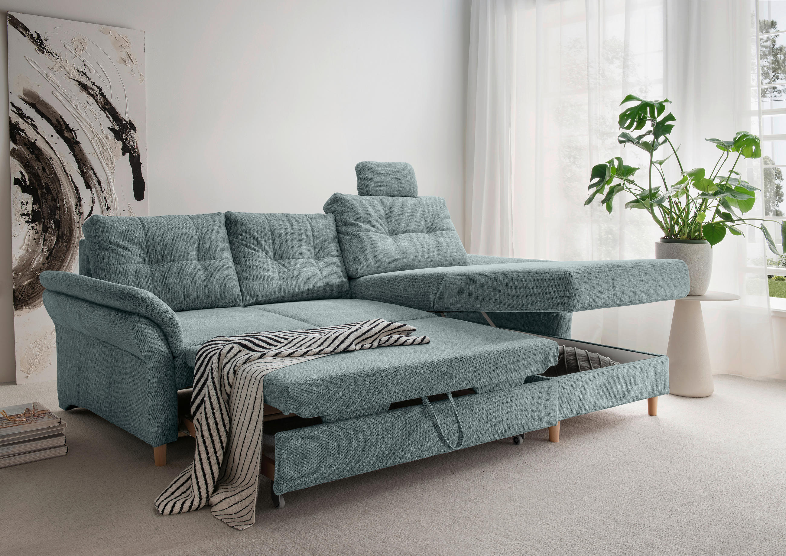 ECKSOFA Blau Chenille  - Blau/Naturfarben, MODERN, Holz/Textil (250/176cm) - Livetastic