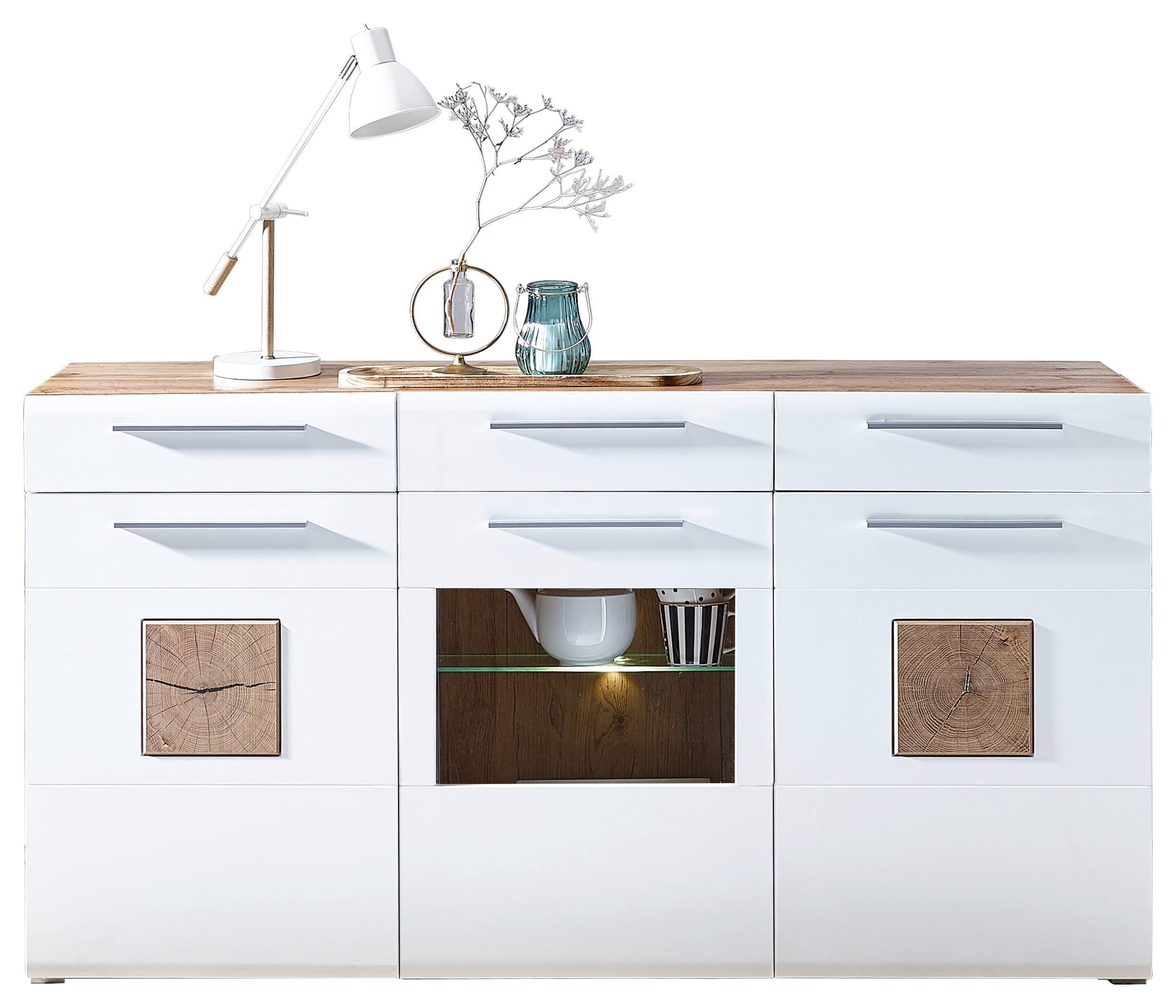 SIDEBOARD  in 180/98/43 cm  - Chromfarben/Eichefarben, KONVENTIONELL, Glas/Holz (180/98/43cm) - Hom`in