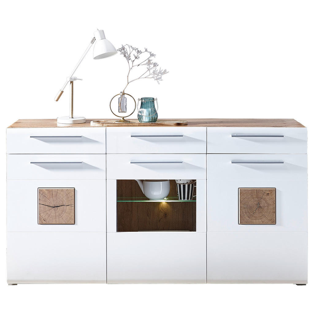 Thumbnail - Hom`in Sideboard, Weiß, Eiche, Holz, Glas, 6 Fächer, 3 Schubladen, 180x98x43 cm, Typenauswahl, Beimöbel erhältlich, Wohn...