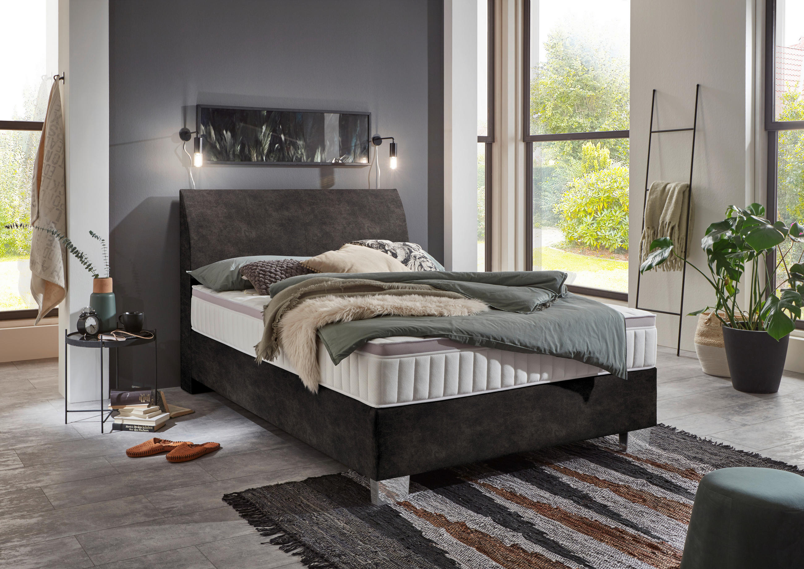 BOXSPRINGBETT 100/200 cm  in Graubraun  - Chromfarben/Graubraun, KONVENTIONELL, Kunststoff/Textil (100/200cm) - Hom`in