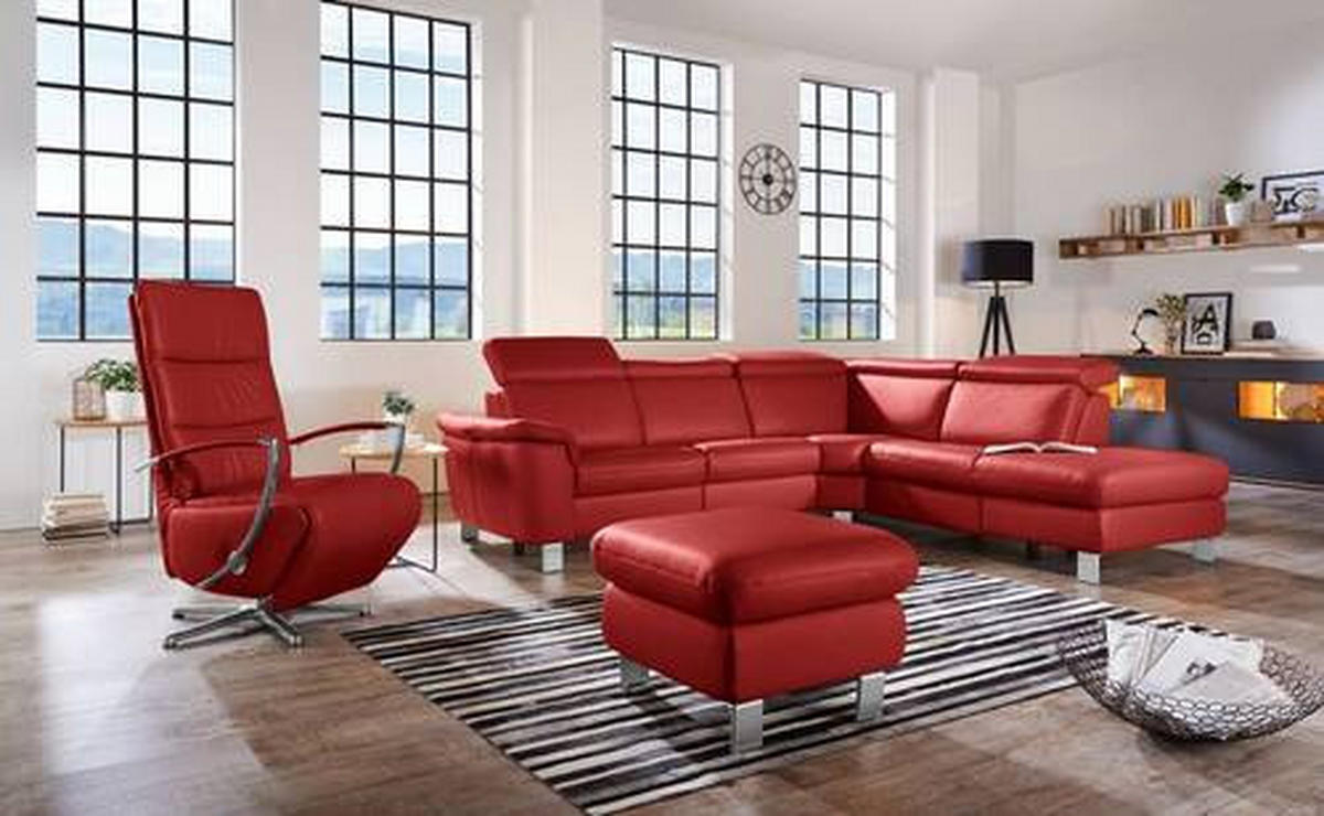 ECKSOFA in Echtleder Rot  - Rot/Alufarben, Design, Leder/Metall (271/239cm) - Cantus