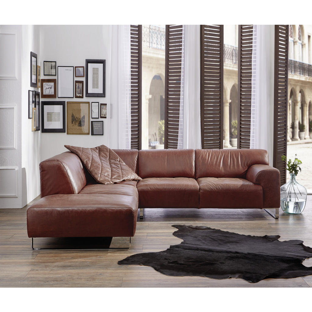 Thumbnail - Chilliano Ecksofa, Braun, Leder, Echtleder, Anilinleder, 5-Sitzer, nicht einzeln stellbar, L-Form, 271x245 cm, Goldenes ...