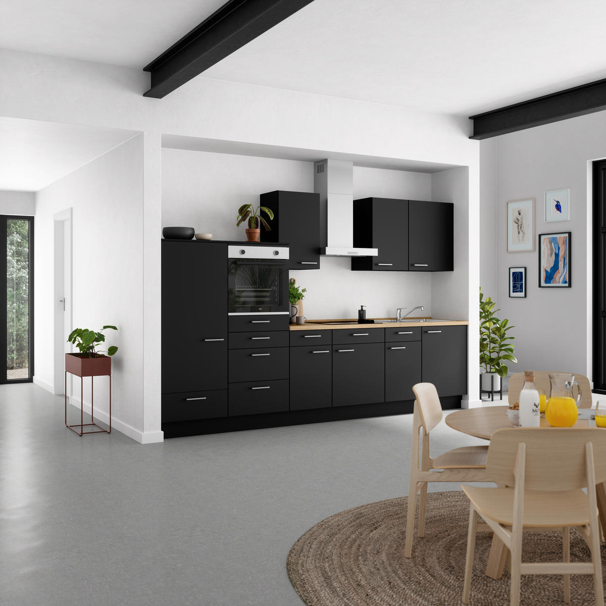 KÜCHENLEERBLOCK 330 cm   in Schwarz, Eichefarben  - Edelstahlfarben/Eichefarben, MODERN, Holzwerkstoff/Metall (330cm) - Nobilia