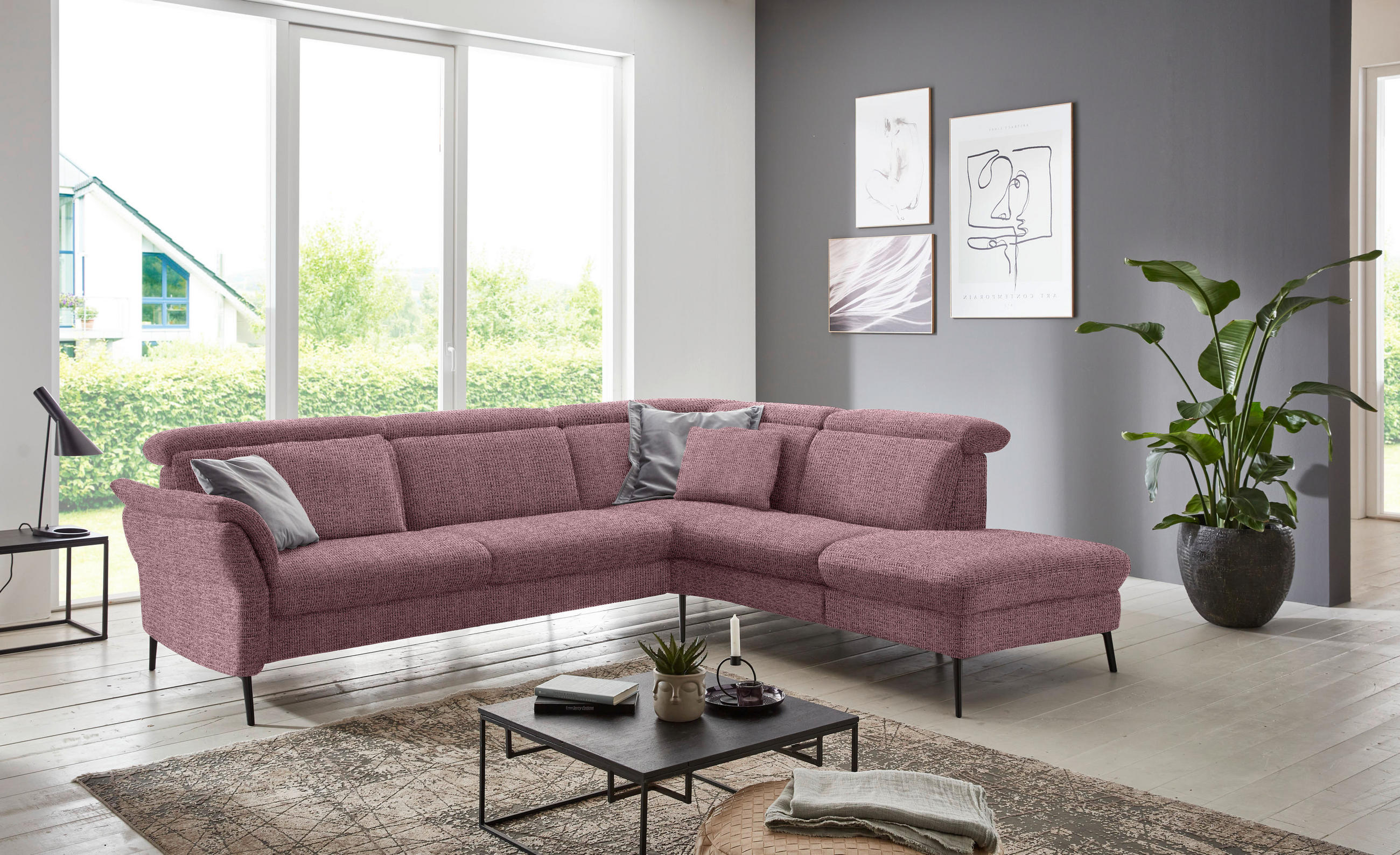 ECKSOFA in Struktur Flieder  275/235 cm  - Flieder/Schwarz, MODERN, Textil/Metall (275/235cm) - Cantus