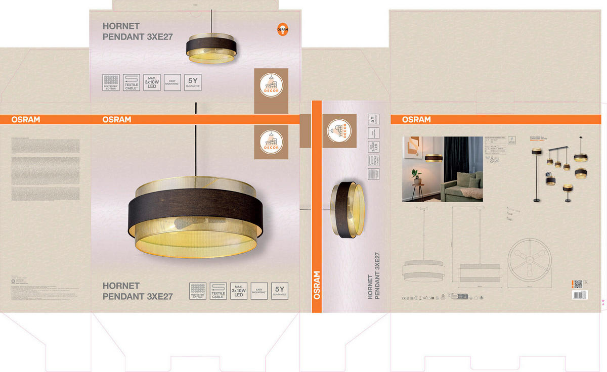 HÄNGELEUCHTE 50/150 cm  - Goldfarben/Schwarz, KONVENTIONELL, Textil/Metall (50/150cm) - Osram