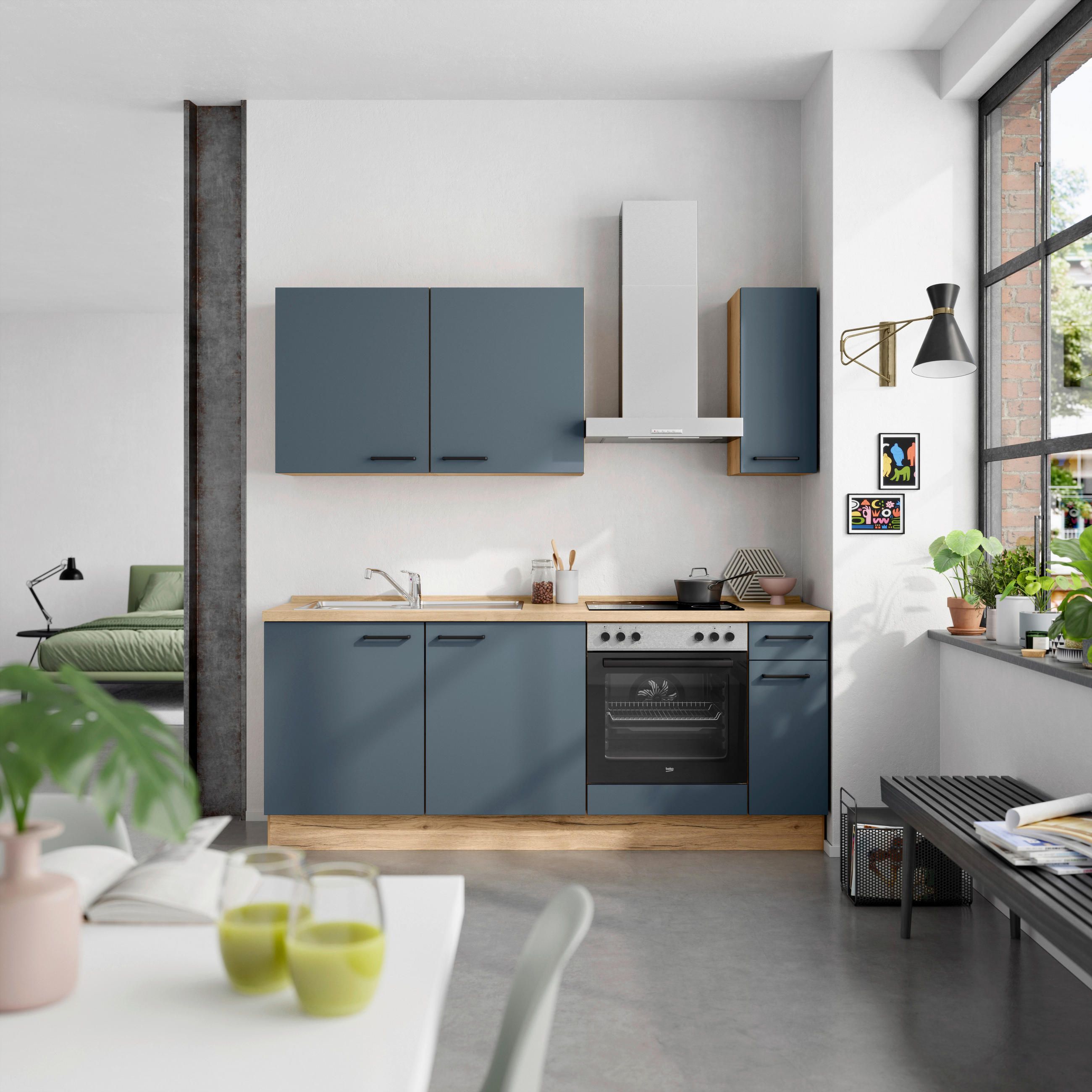 KÜCHENBLOCK 210 cm   in Eichefarben, Dunkelblau  - Eichefarben/Schwarz, MODERN, Holzwerkstoff/Metall (210cm) - Nobilia