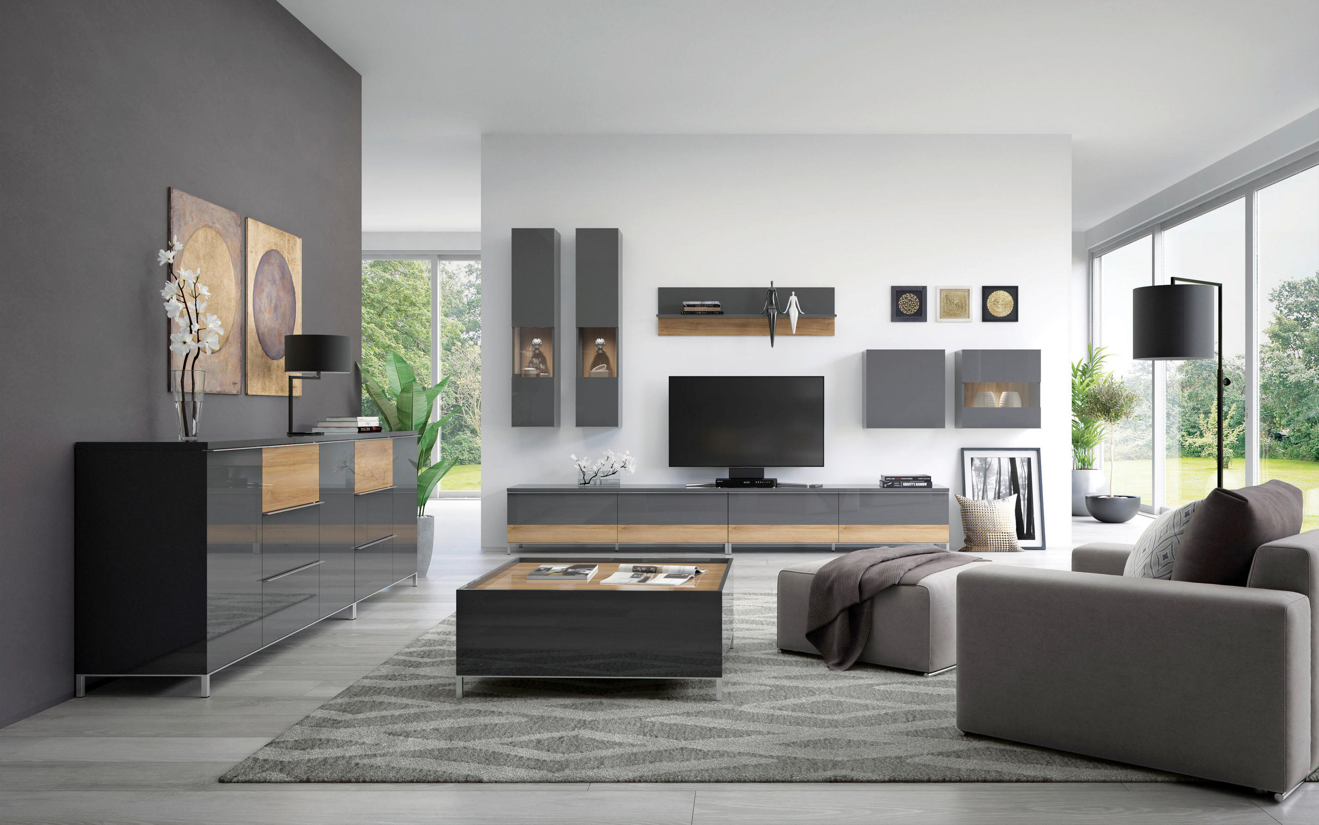 TV KOMODA boja orahovog drveta, antracit visoki sjaj  - boja oraha/boja nikla, Dizajnerski, metal/pločasti materijal (132/46/45cm)
