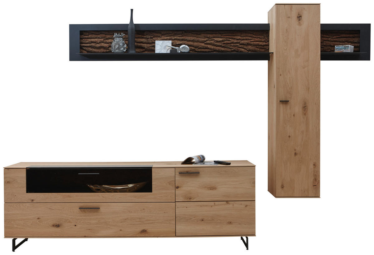 WOHNWAND  in Anthrazit, Eichefarben  318/223/49 cm  - Eichefarben/Anthrazit, Design, Glas/Holz (318/223/49cm) - Valnatura