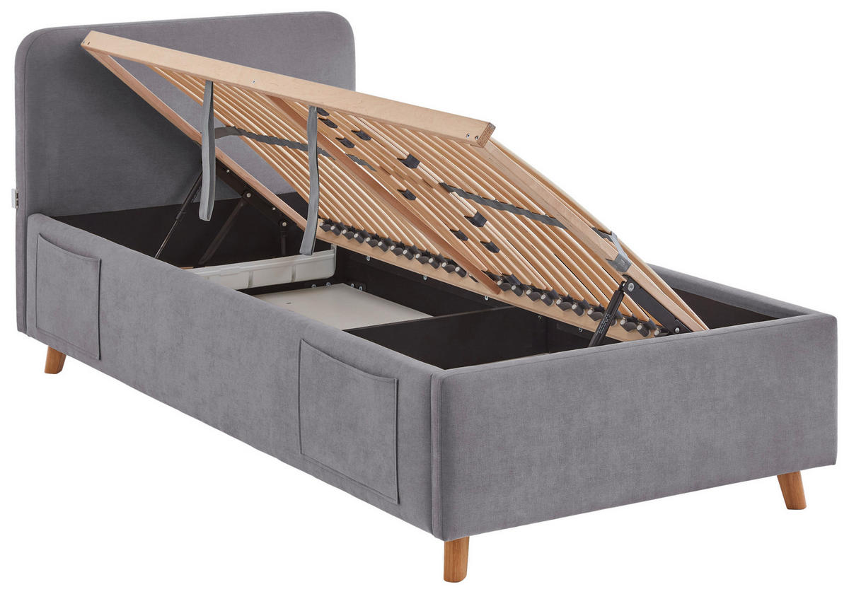 POLSTERBETT 90/200 cm,  in Grau, Eichefarben, Lattenrost, Bettkasten, Betttasche,  - Eichefarben/Birkefarben, KONVENTIONELL, Holz/Textil (90/200cm) - Boxxx