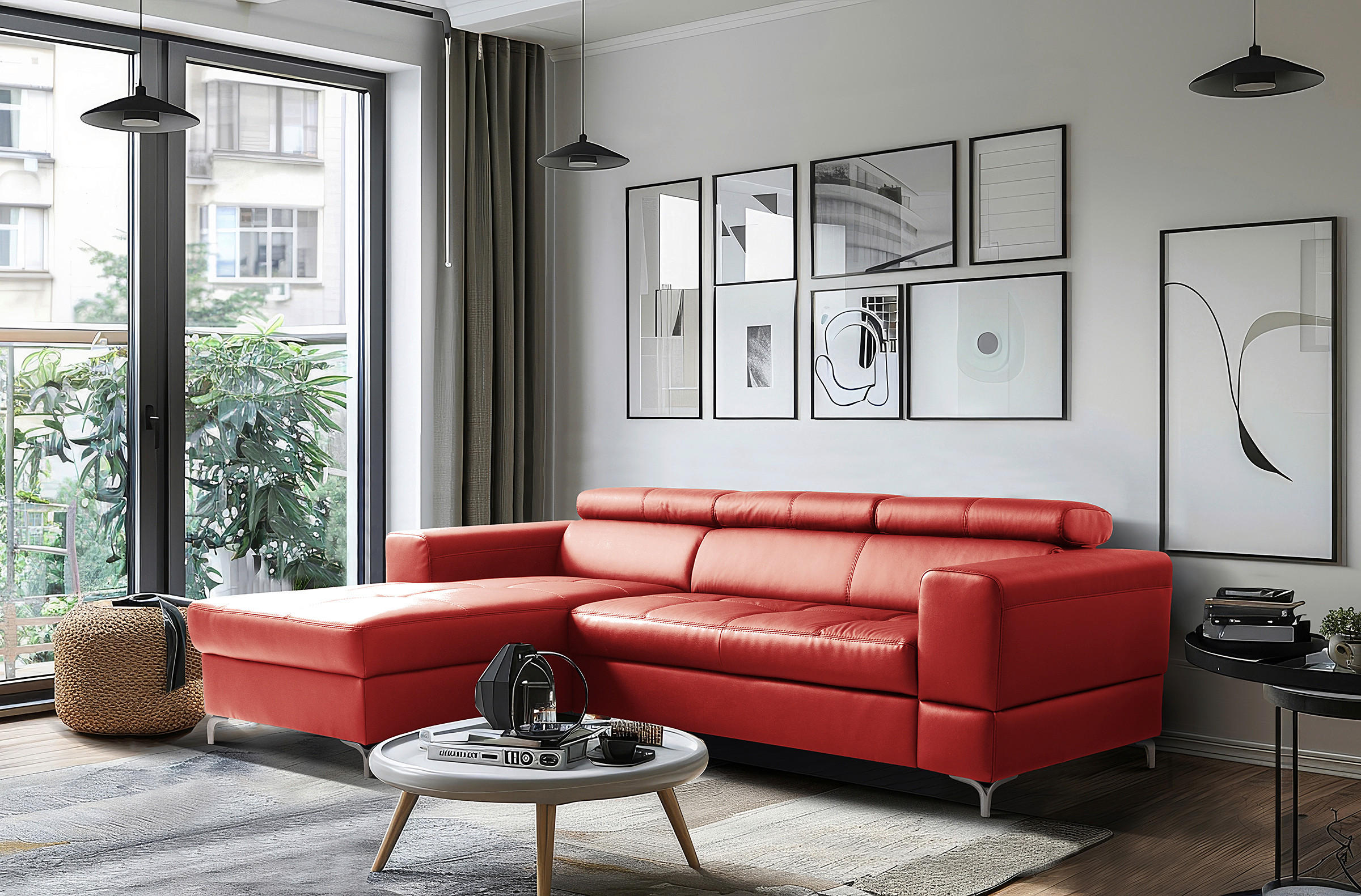 ECKSOFA Rot Echtleder Lederlook Bettkasten, Schlaffunktion, Rücken echt, Kopfteilverstellung  - Rot/Schwarz, Design, Leder/Textil (173/247cm) - Livetastic
