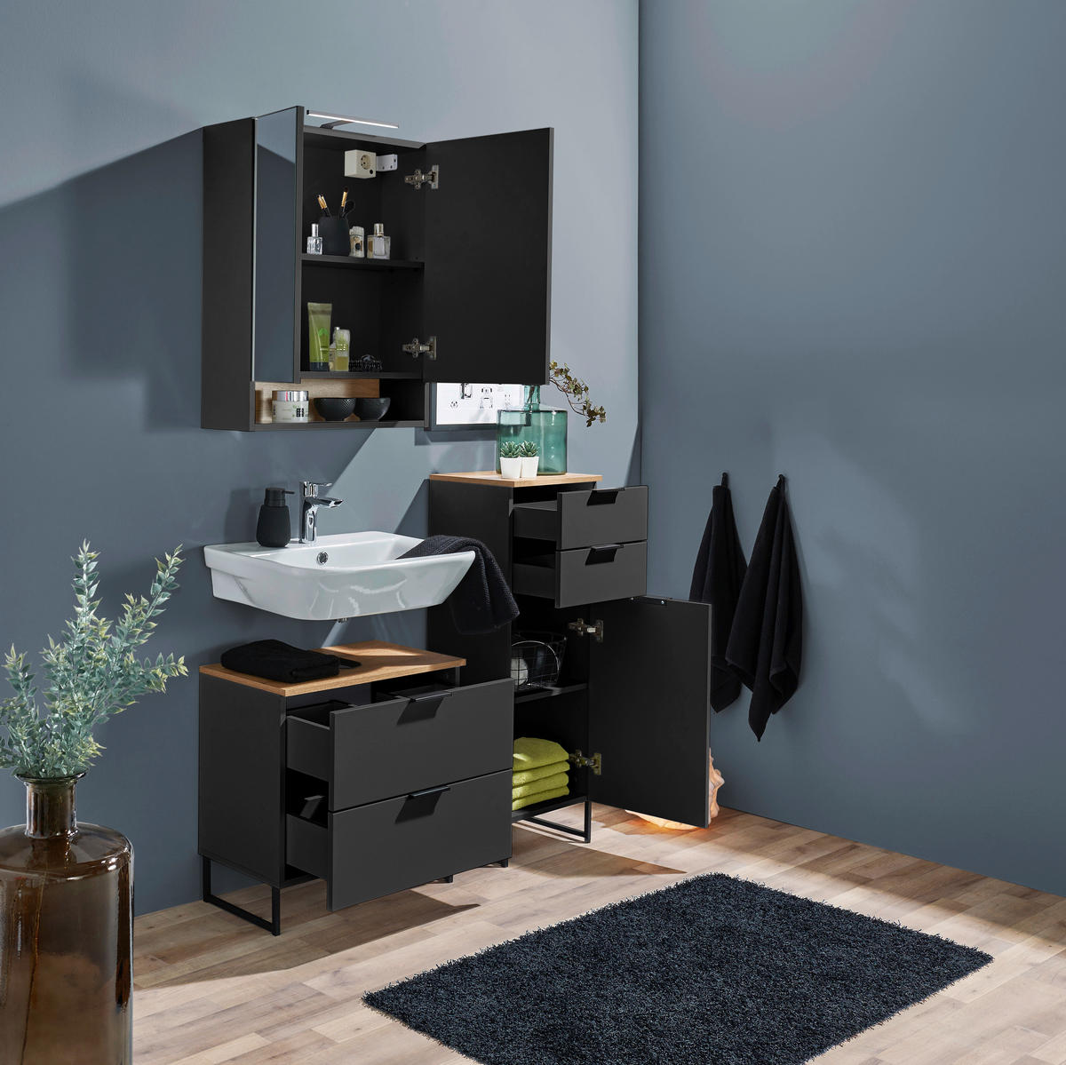 MIDISCHRANK 38/106/32 cm  - Eichefarben/Schwarz, KONVENTIONELL, Holzwerkstoff/Metall (38/106/32cm) - home24