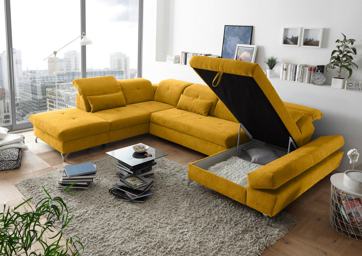 WOHNLANDSCHAFT in Mikrovelours Gelb  - Gelb/Silberfarben, Modern, Textil/Metall (245/350/168cm) - MID.YOU