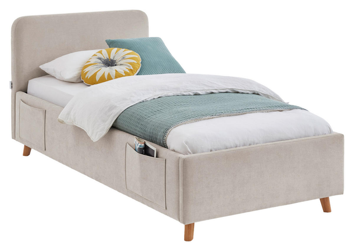 POLSTERBETT 90/200 cm,  in Eichefarben, Beige, Lattenrost, Bettkasten, Betttasche,  - Eichefarben/Birkefarben, KONVENTIONELL, Holz/Textil (90/200cm) - Boxxx