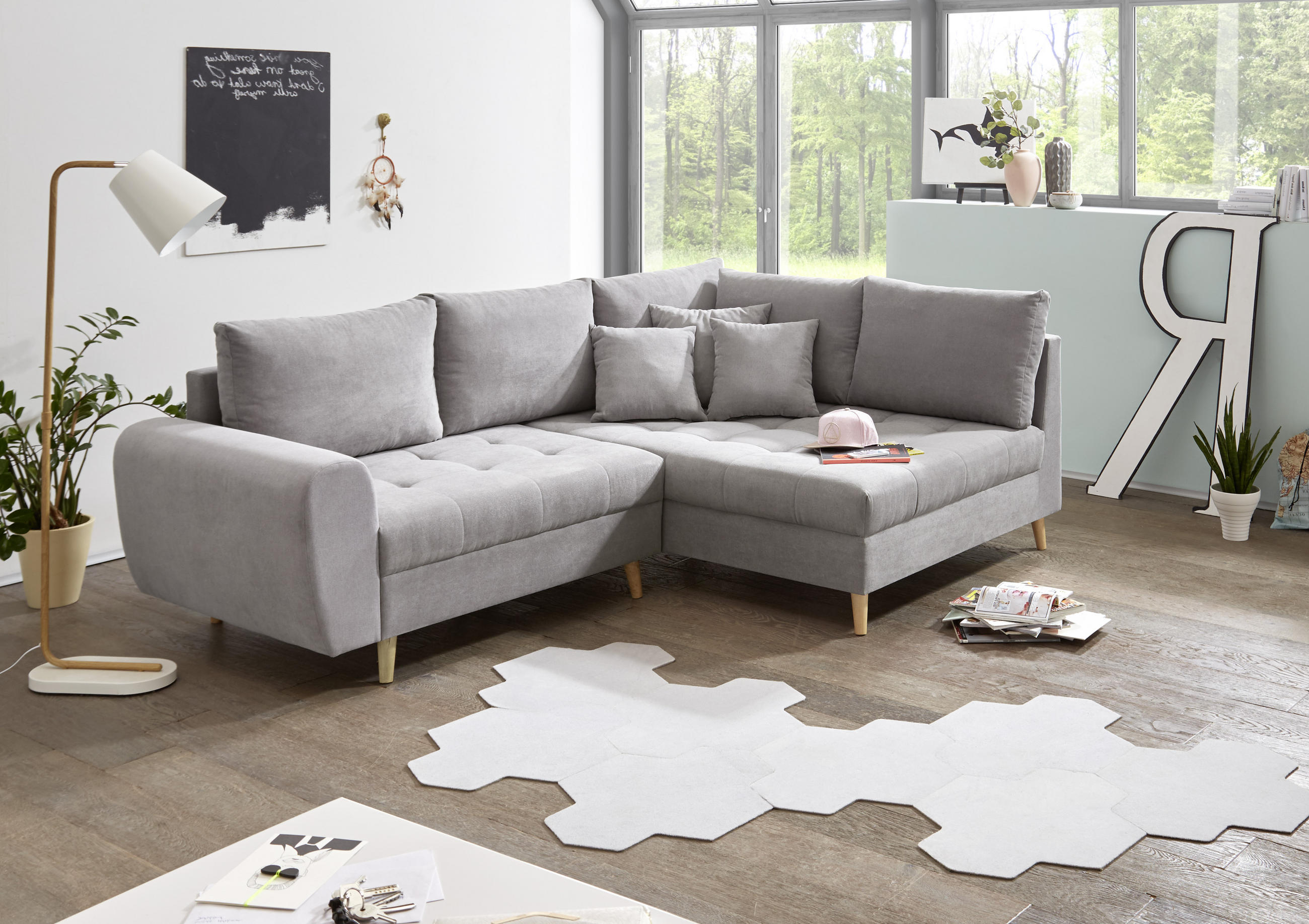 SAROKKANAPÉ textil, faalapú anyag világosszürke  - világosszürke/feketefenyő, Konventionell, faalapú anyag/textil (249/175cm) - MID.YOU
