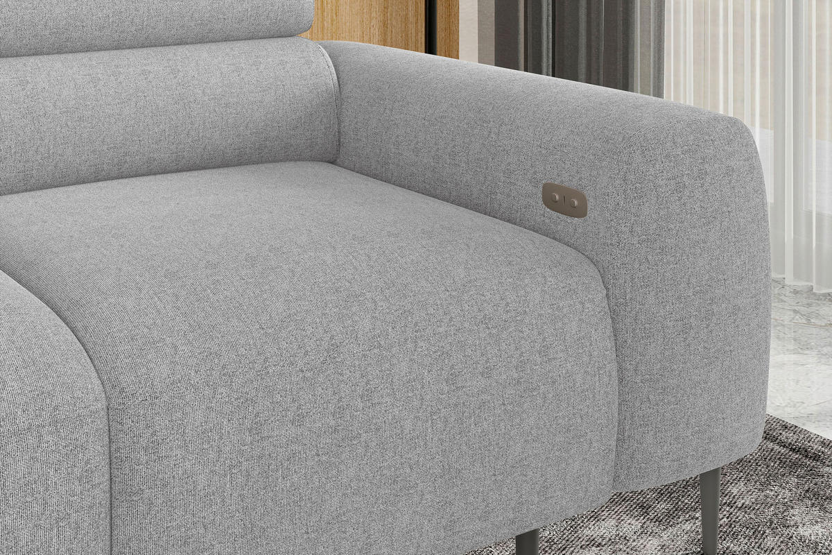 ECKSOFA Hellgrau Struktur Rücken echt, Kopfteilverstellung, Sitztiefenverstellung  - Hellgrau/Schwarz, MODERN, Textil/Metall (179/274cm) - Welnova