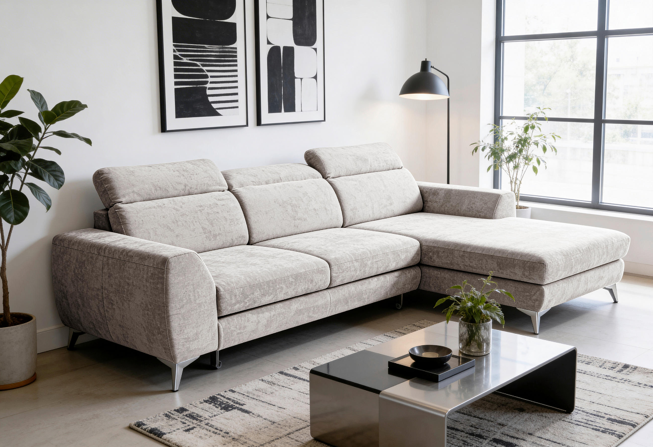 ECKSOFA MUENSTER Sandfarben Chenille Bettkasten, Schlaffunktion, Kopfteilverstellung, Liegefläche im Originalstoff  - Sandfarben/Schwarz, Basics, Textil/Metall (264/191cm) - Livetastic