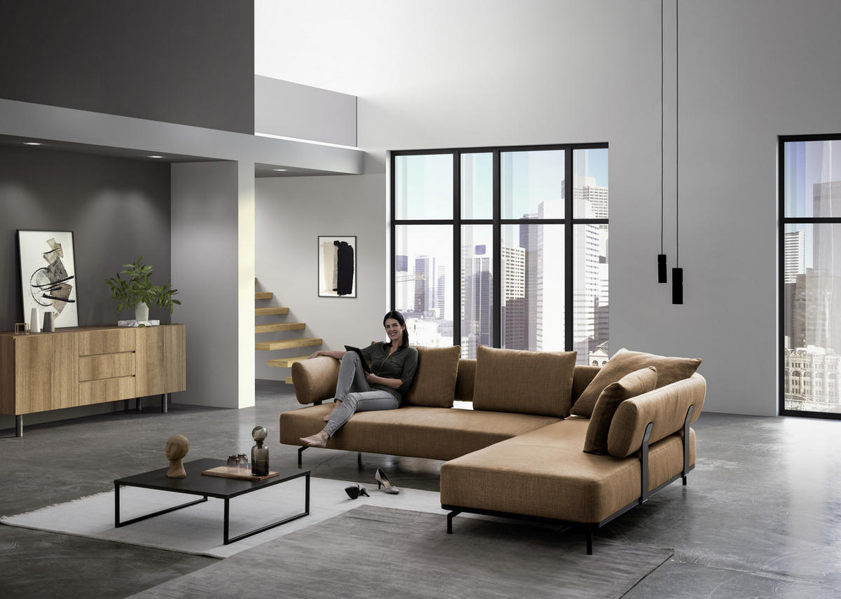 ECKSOFA in Echtleder Dunkelgelb  - Dunkelgelb/Schwarz, Design, Leder/Metall (282/222cm) - Dieter Knoll