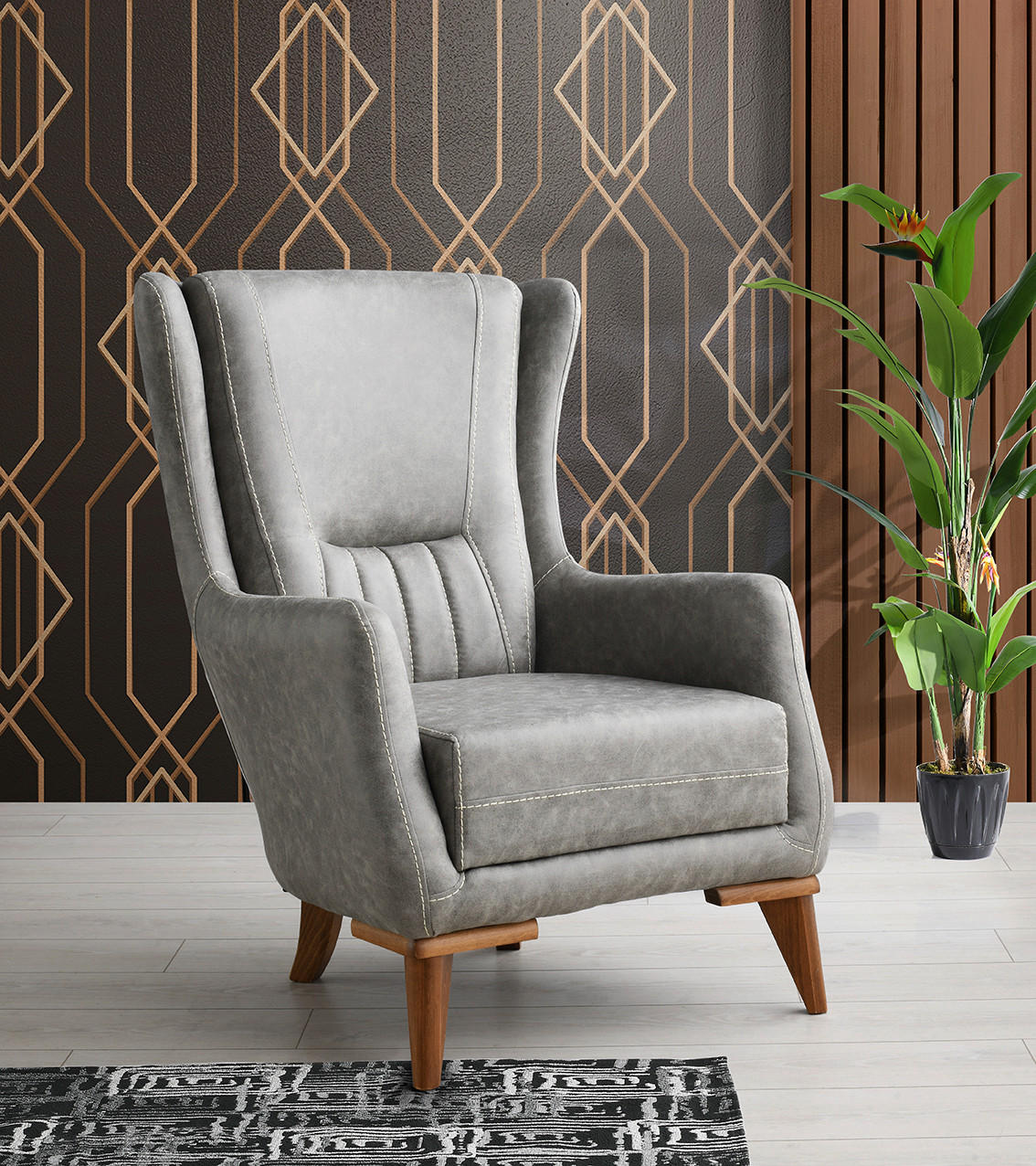 Fotoliu din lemn, textil, gri deschis - maro/gri deschis, Basics, lemn/textil (85/105/75cm) - Stylife