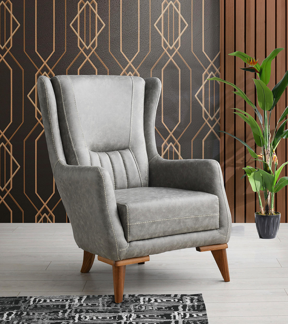 Fotoliu din lemn, textil, gri deschis - maro/gri deschis, Basics, lemn/textil (85/105/75cm) - Stylife